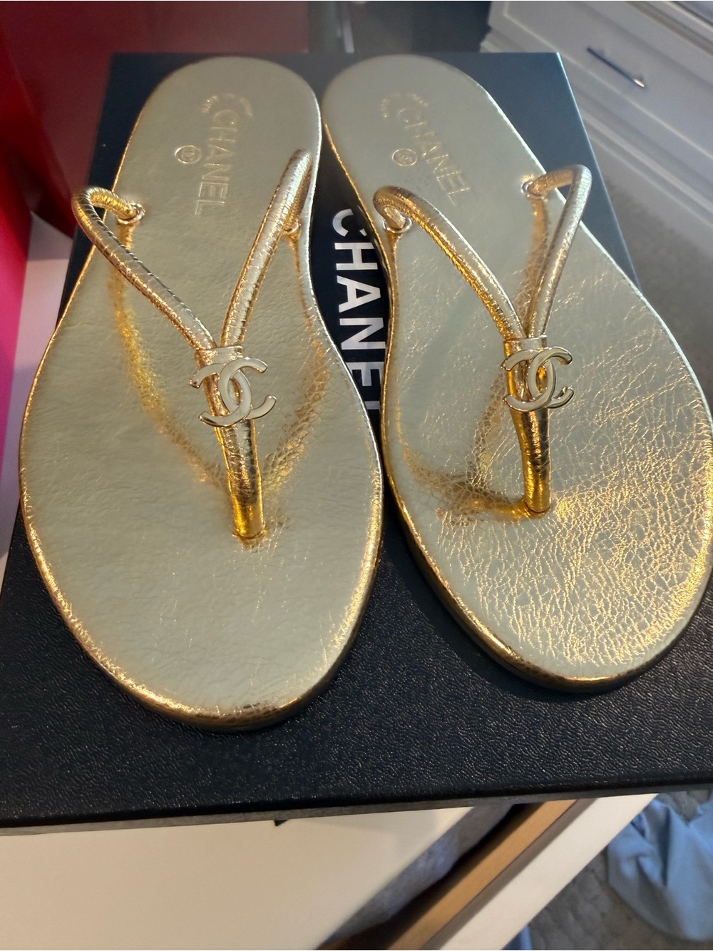 CHANEL Metallic Gold Leather CC Thong Sandals